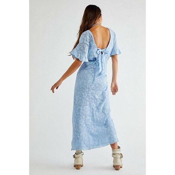 NEW FREE PEOPLE Sz XS LIBBY LACE MIDI DRESS PASTEL BLUE - Picture 2 of 3